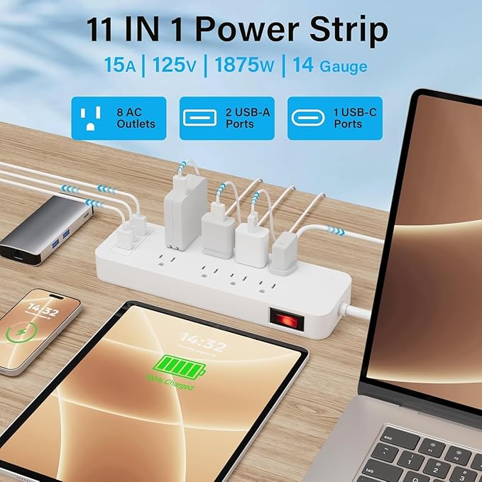 Elecan Surge Protector Power Strip 8 Ft Extension Cord, 8 Widely Spaced Outlets with 2 USB-A&1 USB-C PD 20W Charging Station, Flat Plug Wall Mountable Multi Outlet Extender, 14AWG 2450J/125V,ETL-White