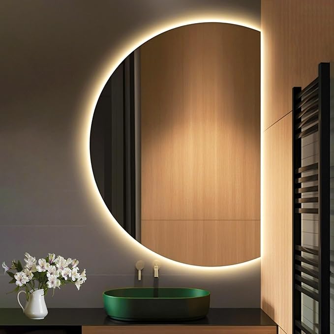 Modern Smart Anti-Fog Bathroom Mirror with Lights, Half Moon LED Wall Mirror, 3 Colors Dimmable Makeup Vanity Mirror, Large Frameless Decorative Mirror for Living Room(Right Cut,51"x35")