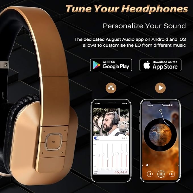 August EP650 Bluetooth Wireless Over-Ear Headphones with aptX Low Latency, NFC, Multipoint Pairing, Wired Option, Built-in Microphone - Gold