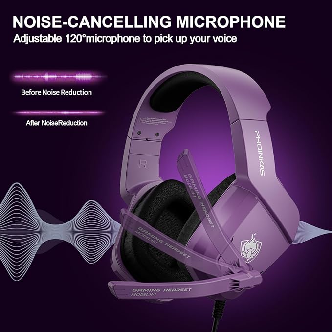 PHOINIKAS Gaming Headset for PS4, PS5, PC, Laptop, Stereo Over Ear Gaming Headphones with Noise-Canceling Mic, Gaming Headsets for XboxOne, Switch, Laptop, Mac, Phone (Purple)