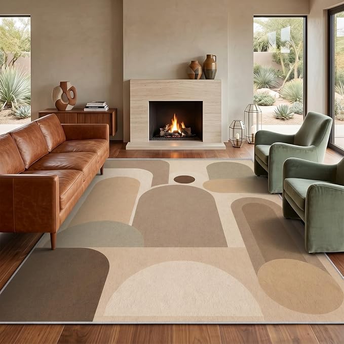 Neutral Geometric Area Rug 8x10, Mid Century Modern Abstract Rug, Soft Taupe Beige Color Block Washable Low Pile Non Slip Rug for Living Room Bedroom