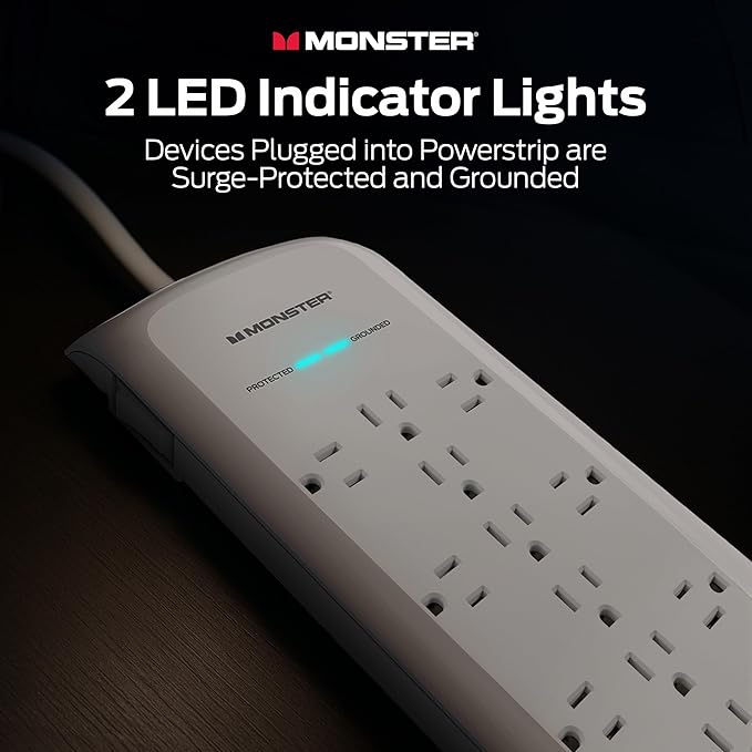Monster Power Surge Protector w/ 4050 Joule Rating — Heavy Duty 6 FT Surge Protector Power Strip w/ 12 Outlets, 2 USB, 2 Coax, 2 Ethernet Ports — Fireproof MOV, Dual Mode, Clean Tech (White)