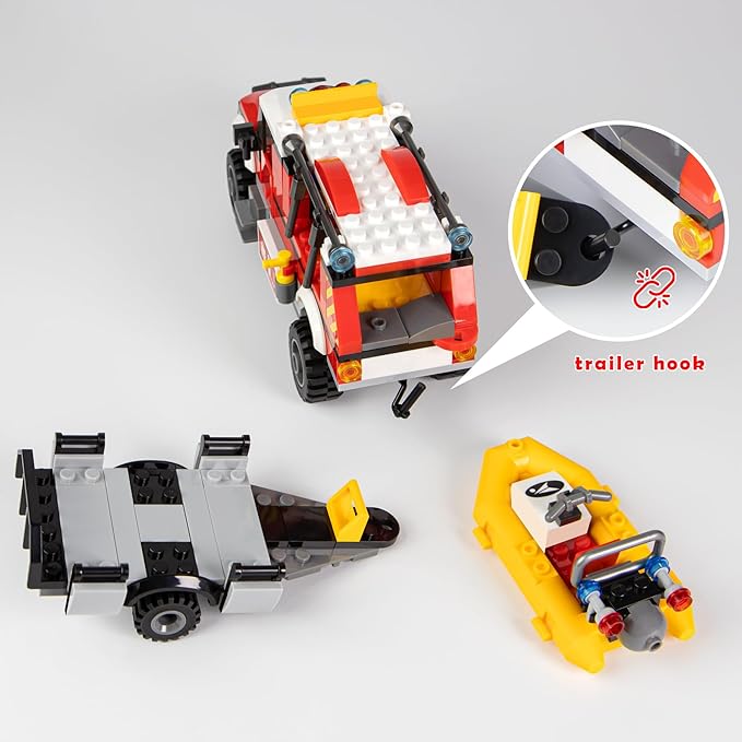 City Fire Truck Building Set with Rescue Boat Building Blocks - Educational Playset for City Fire Rescue - Birthday Christmas Building Blocks Gift Idea