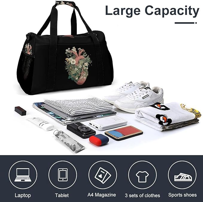 Botanical Heart Duffle Bag Gym Bag for Workout Travel Tote with Detachable Straps