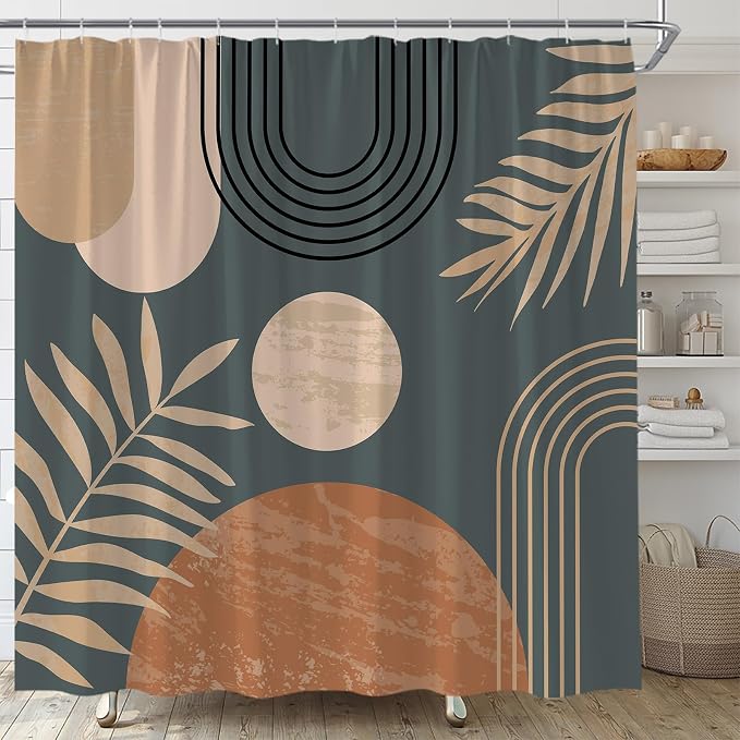 Mid Century Modern Shower Curtain Boho Grey Abstract Retro Aesthetic Fabric for Bathroom Decor Bathtub with Hooks (67" WX70 H)