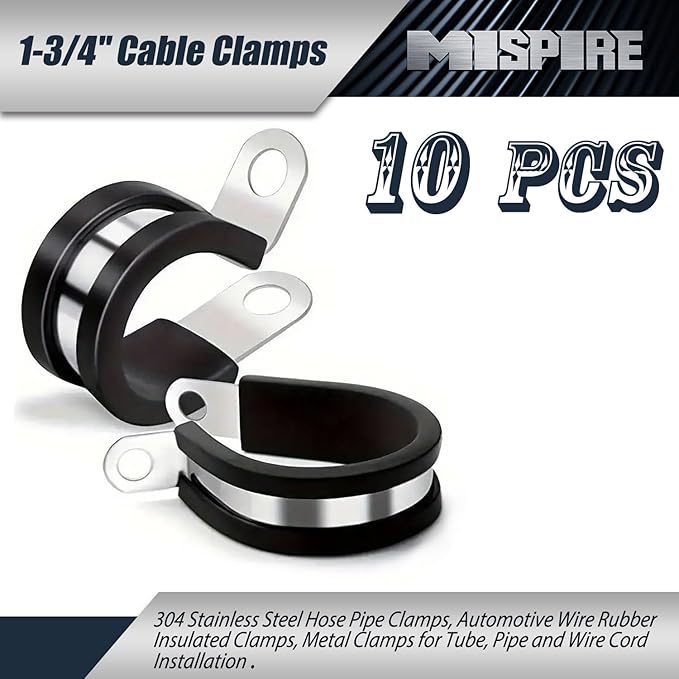 10 PCS 1-3/4 inch Cable Clamps, MISPIRE Stainless Steel Hose Pipe Clamps, Automotive Wire Rubber Insulated Clamps, Metal Clamps for Tube, Pipe and Wire Cord Installation, Black, MI-RC-1-3/4-10