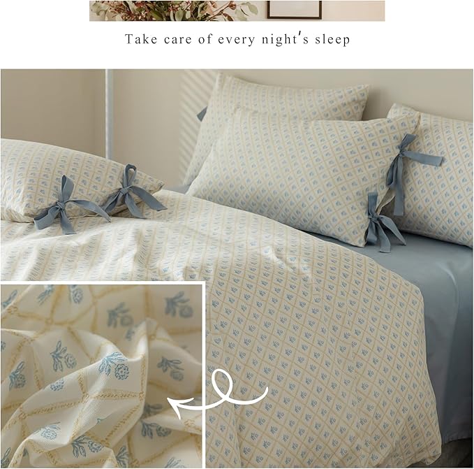 HighBuy Blue Flowers Comforter Set Queen Girl Grid Floral Garden Botanical Comforter Set Queen Boho Coquette Bedding Comforter Sets with 2 Bowknot Bow Tie Pillowcases Soft Fluffy