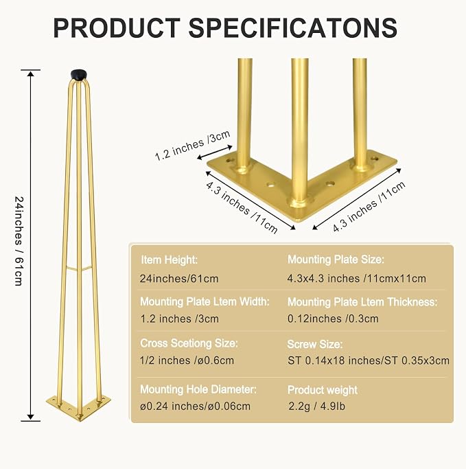 24Inch Hairpin Table Legs Golden Set of 4 Desk Legs,1300lbs Load Capacity ， Rodsfor Coffee Table, Night Stand Desk Bench，Desk, Bench Desk Dining End Table Chairs