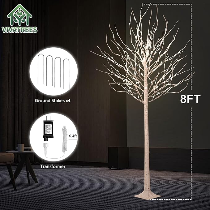 LED Birch Tree Lights, 8ft Trees with Warm White Lights, Outdoor Indoor Christmas Wedding Party Decor