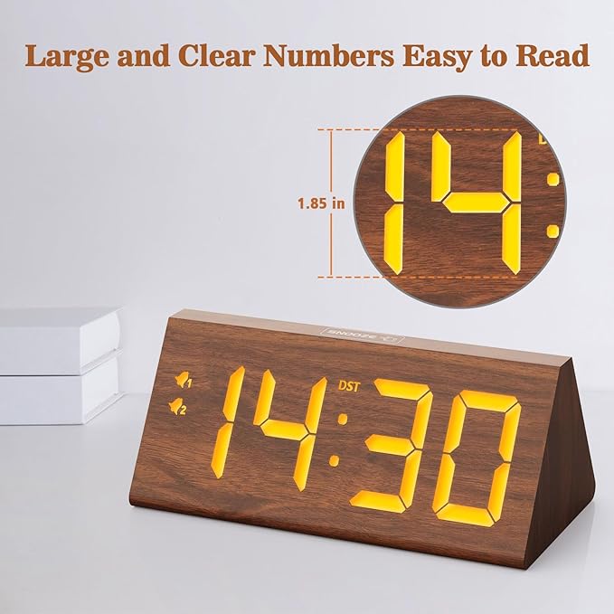 fomobest Wooden Digital Alarm Clock with Dual USB Charging Ports, DST, Dimmable, Snooze, Modern Large Time Display LED Clock for Kids Bedrooms, Living Room, Desk, Table, Bedside, Nightstand (Brown)