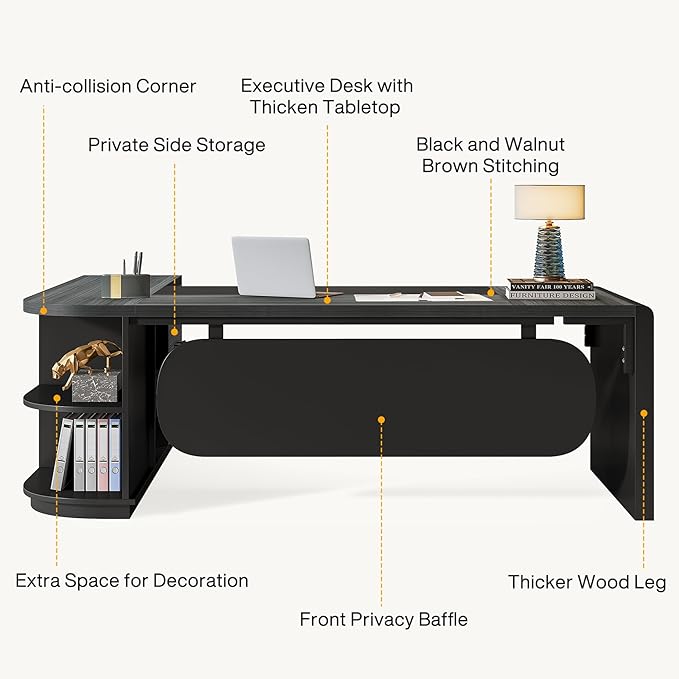 Tribesigns 80'' L-Shaped Desk, Large Executive Office Desk with 55'' Drawers Cabinet, Modern Commercial Office Table with Storage Shelves, Business Furniture for Home Office, Grey & Black