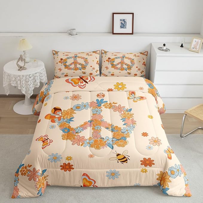 Retro 70s 60s Hippie Bedding Set King Size,Groovy Flowers Butterfly Honeybee Comforter Set Room Decor for Couple,Floral Peace Symbol Microfiber Down Comforter,2 Pillowcases
