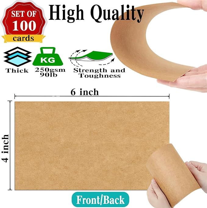 4 x 6 Blank Kraft Cards (Set of 100) - Thick, Heavy Card Stock for Post Cards, Photo Paper Invitations, Greeting, Note, Thank You, Index Cards - Plain for Writing, Stamping, Printing, Art, DIY Making