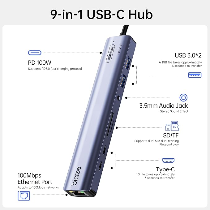 BIAZE 9-in-1 USB/USB C Hub Adapter for MacBook, iPhone,3 USB Ports (2xUSB 3.0, USB 2.0), 100M Ethernet, SD/TF Card Reader, 3.5mm Audio, 2X USB-C Data Ports,No Driver Required