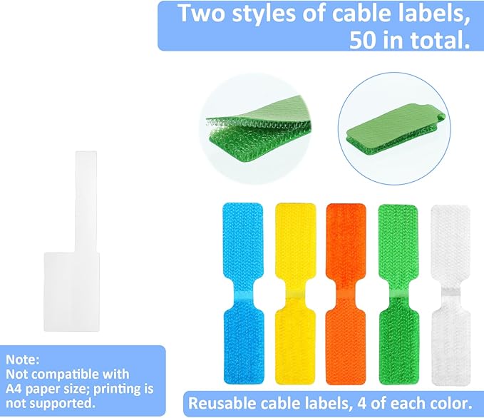 50 Pcs Cord Labels for Electronics 20 Reusable Large Wire Tag 30 Write On White Cords Label Multicolor Cord Labels for Electronics for Identifying Electrical Charging Cords Management (5 Colors)
