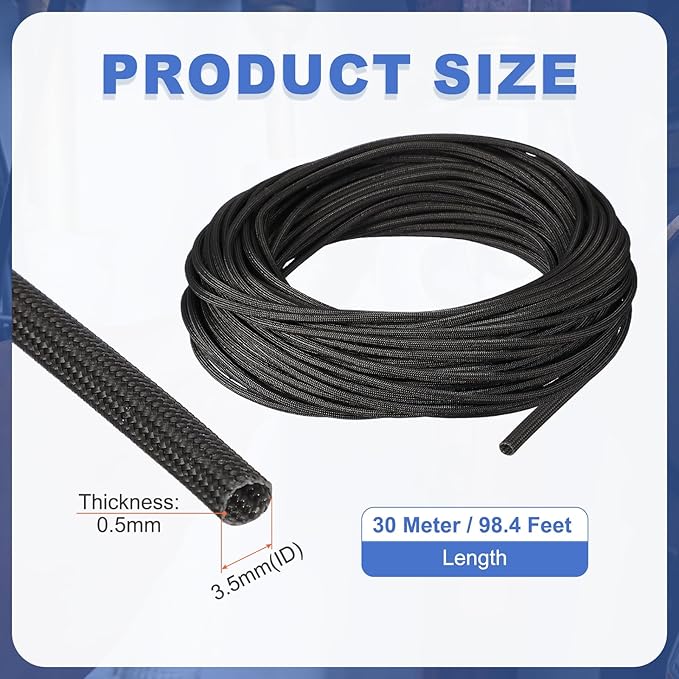 uxcell Insulation Cable Protector,3.5mm/0.14 Inch-30m/98 Feet High Temp Fiberglass Sleeve Black