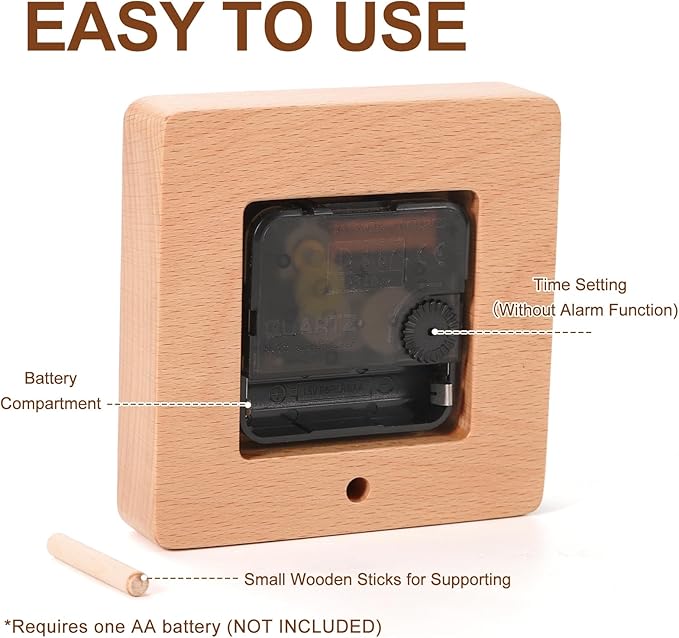 Kattepote Wooden Table Clock on Stand, Decorative Battery Operated Desk and Shelf Clock, Silent Non-Ticking Desktop Clock for Office, Living Room or Bedroom Decor, Square Shape, Beech Wood