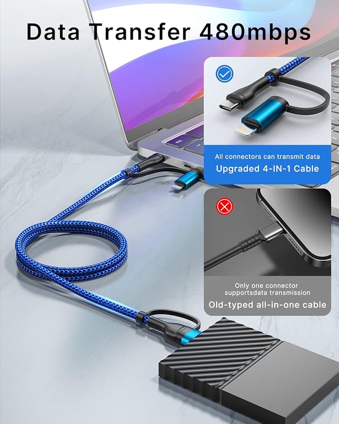 XUDUO 4 in 1 Charging Cable Fast USB C Cable Type C Charger 60W Lightning Cable Adapter USB C to USB C Cable for iPad Charger Fast Multi Charging Cord Fits iPhone 16 15/15 Pro/15 Plus/14 Pro Max,6FT