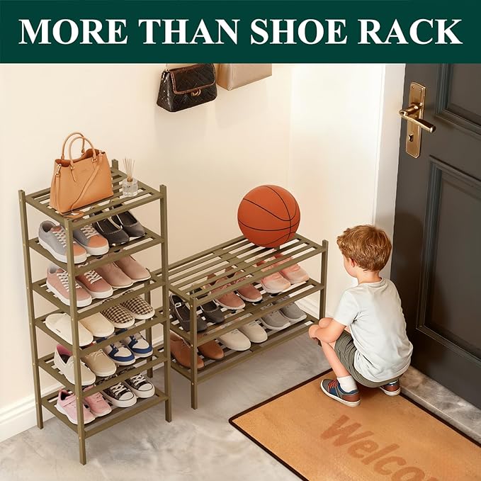 Smiry Long Bamboo Shoe Rack 5-Tier, Stackable Wooden Shoe Organizer for Entryway & Closet, Free Standing Wood Shoe Storage Shelf for Front Door & Small Spaces, Walnut