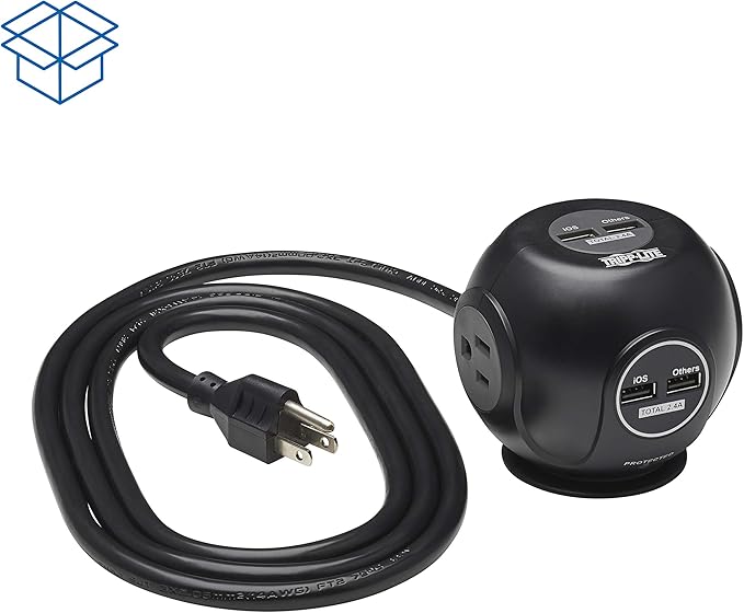 Tripp Lite Surge Protector 3-Outlet Spherical Surge Protector, 4 USB Ports (4.8A Shared) - 6-ft. (1.83 m) Cord, 5-15P Plug, 540 Joules, Black (TLP36USB)