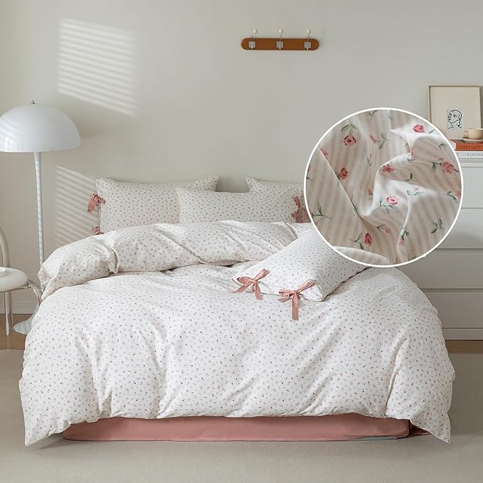 Botanical Floral Comforter Set Full Size Fluffy Cozy Comforter with Pink Flower Stripes Pattern Garden Floral Coquette Bedding Comforter Set for All Seasons Girls Women Flowers Comforter for Full Bed