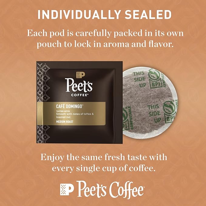 Peet’s Café Domingo Coffee Pods – 32 Count (2 Packs of 16) – Medium Roast with Smooth, Balanced Flavor and Aromatic Finish – Compatible with Pelecom Coffee Machines