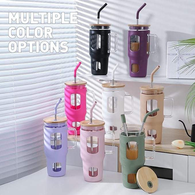 Glass Tumbler with Straw & Lid, 32 oz Glass Cup with Handle, Water Bottles with Time Marker - 2 Straws & Silicone Protective Sleeve Dark Purple