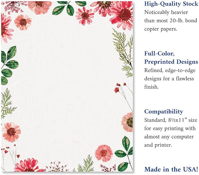 Current Sun Dried Floral Letter Paper - Spring Stationery Papers With Decorative Sun Dried Flowers Border, Printable Holiday, Wedding & Bridal Shower, & Invitation Sheets, Set of 25, 8 1/2" x 11"