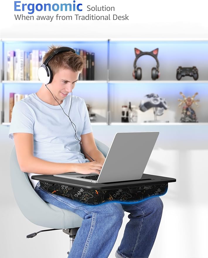 Lap Desk – L.DOCTOR Cushioned Lap Desks, Portable Laptop Desk for Bed, Couch & Floor, Washable Cushion, Built-in Phone & Tablet Slot, Fits 17.3" Laptop – Working, Writing, Gaming – Large, Joysticks