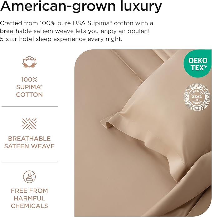 Threadmill Supima Cotton Sheets, 1200 Thread Count Soft 100% Cotton Sheets for Cal King Size Bed, 4 Pc Beige Cal King Bed Sheets Set, 5-Star Hotel Quality with Elasticized Deep Pocket King Sheet
