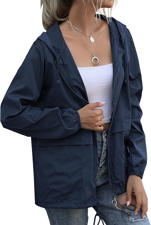 Women's Waterproof Raincoat Lightweight Rain Jacket Hooded Windbreaker with Pockets for Outdoor