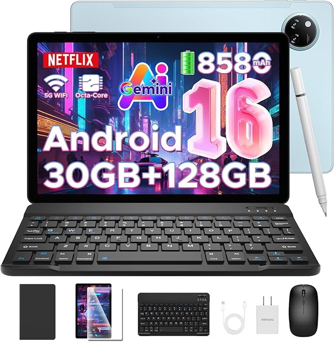 DOOGEE Tab A9 Pro+(2025) Android 16 Tablet with Keyboard,11 inch Tablet with Gemini AI,30GB+128GB/TF 2TB Octa-Core Gaming Tablets,90Hz Display,8580mAh,Netflix 1080P,BT 5.0+5G WiFi,13MP+5MP,Face ID