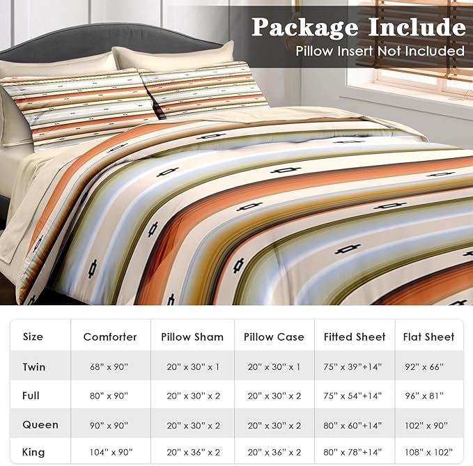 Comforter Set Twin Size, Geometric Tribal Striped 5 Pcs Bedding for Kids and Adults, Boho Modern Colorful Bed Sheet Sets with Fitted Sheet Pillowcase & Sham for Bedroom Bed Decor