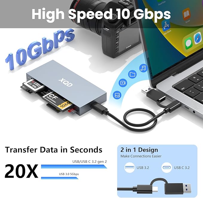 10Gbps XQD Card Reader 8 in 1 Multi-Card Reader USB C for Sony G/M Series, Lexar 2933x/1400x USB Mark XQD Card/CF/XD/MS/TF/SD Memory Card Reader/Writer/Hub USB 3.2 for Windows/Linux/Mac OS/Android