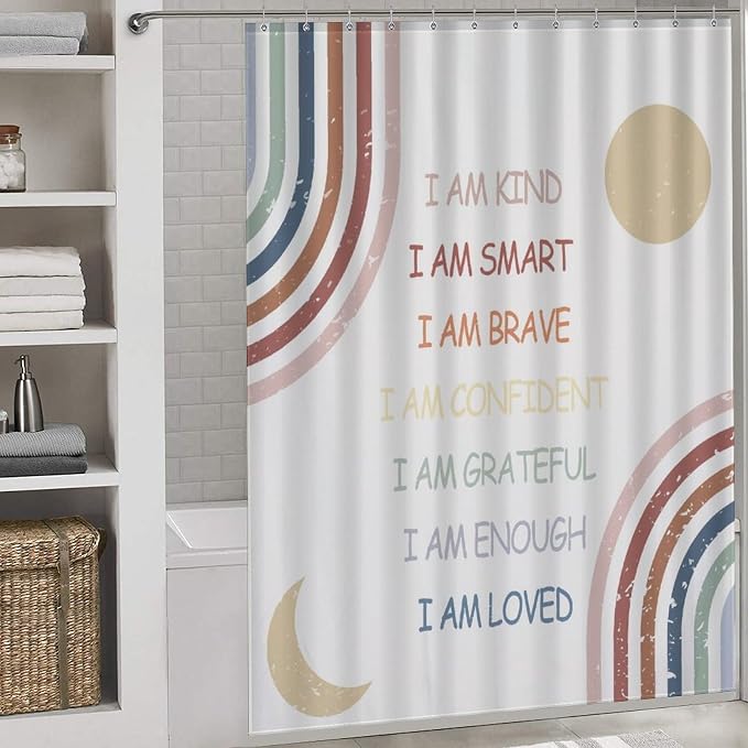 Rainbow Shower Curtain, Girls Boho Rianbow Quotes Inspirational Motivational Positive Colorful Pastel for Baby Kids Waterproof Fabric Bathroom Shower Curtain Set with Hooks, 72"x72" Inch