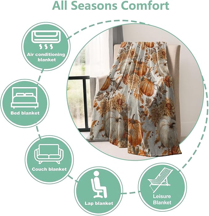 Fall Pumpkin Floral Throw Blanket Gifts for Boys Girls Kids Adults, Autumn Harvest Theme Flannel Blankets for Travel Sofa Living Room Decor 50"X60"