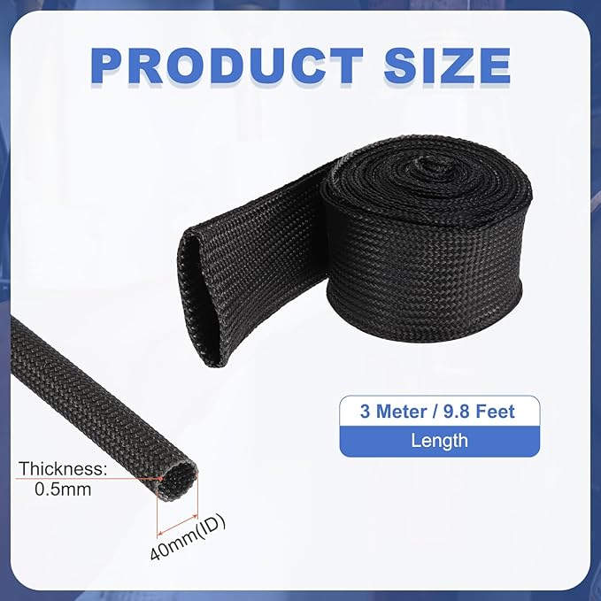 uxcell Insulation Cable Protector,40mm/1.57 Inch-3m/10 Feet High Temp Fiberglass Sleeve Black