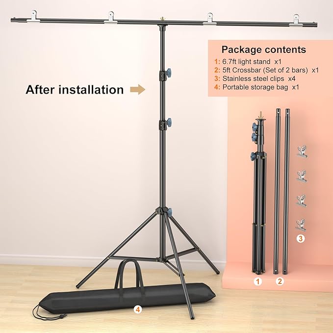 LINCO Lincostore Zenith Portable T-Shape Background Backdrop Stand Kit 5x6.7ft - 5ft Wide (Fixed) and 6.7ft High (Adjustable)- Lightweight Only 4 Lbs Easy to Carry and Storage Black