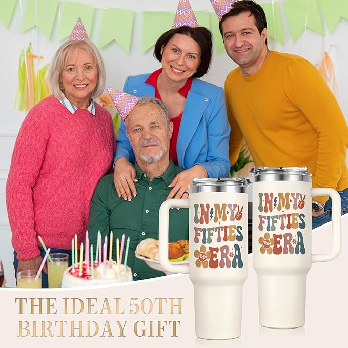 Shqiueos 50th Birthday Gifts for Her 40oz Tumbler with Handle and Straw Lid, 50 Year Old Gifts for Women, Mom, Wife, Sister, Friend, 50s Birthday Decoration-In My Fifties Era Cup Water Bottle