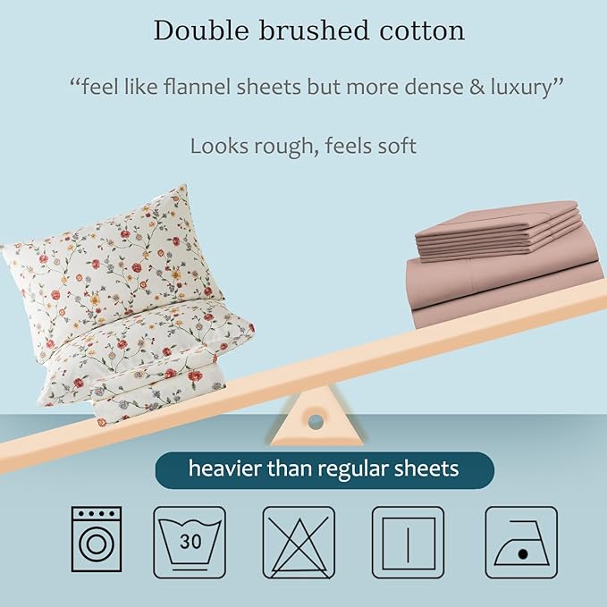 Zusbest Queen Sheet Set 100% Percale Cotton Off White Floral Bed Sheet Set, Brushed for Extra Softness, Breathable Luxury Flannel Sheets Like Pink Flower Print Deep Pocket Sheets 17.5'' 4 Pcs