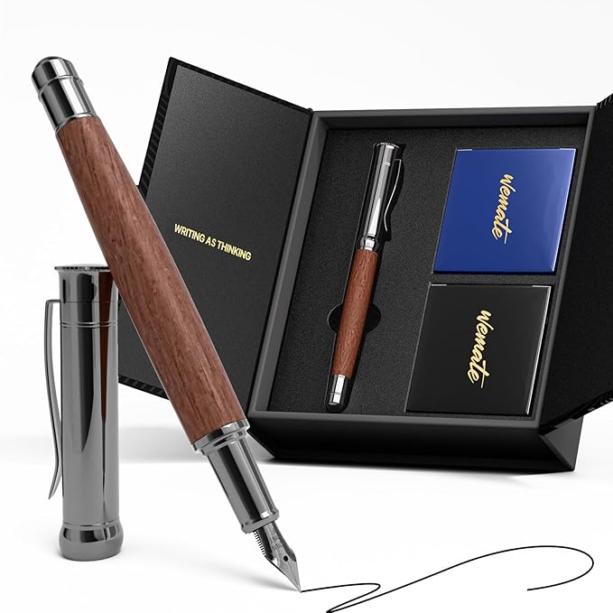 WEMATE Fountain Pen Set, Fine Nib with 20PCS 2.6MM Ink Cartridges(10 Black&10 Blue),1 Ink Converter, Nice Luxury pen for Men, Women, Cool Wooden Fountain Pen for Writing, Journaling, Calligraphy