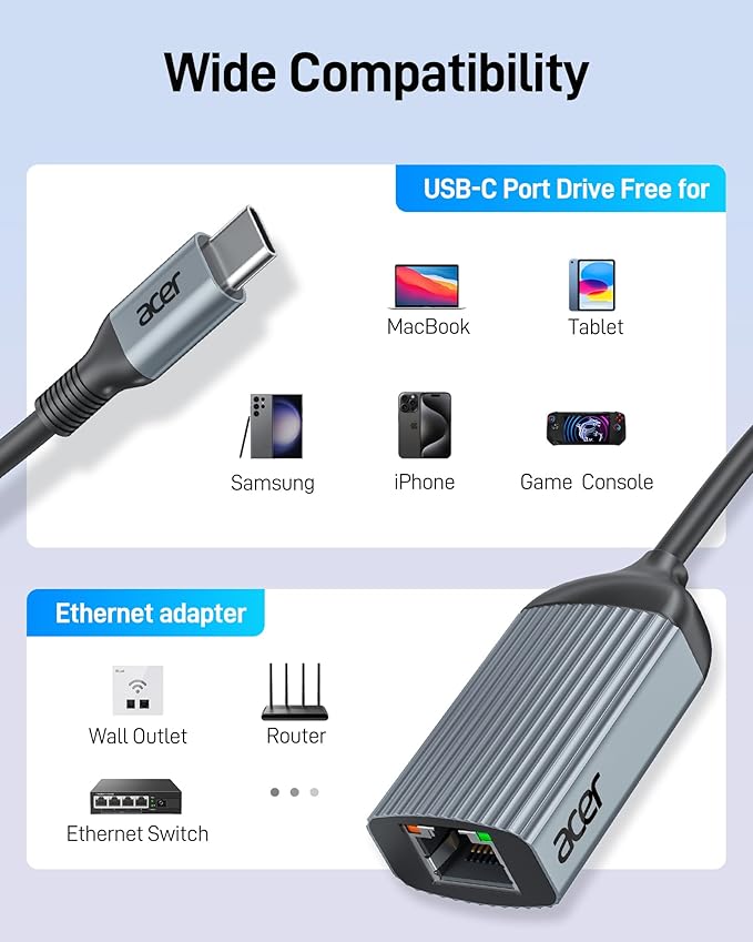 Acer USB C to Ethernet Adapter, Plug and Play RJ45 to Type C Network Dongle(Thunderbolt 3/4 Compatible), 1Gbps Aluminum USB-C LAN Adapter for Laptop, MacBook Pro/Air, iPad Pro, iPhone 15/16, Dell XPS