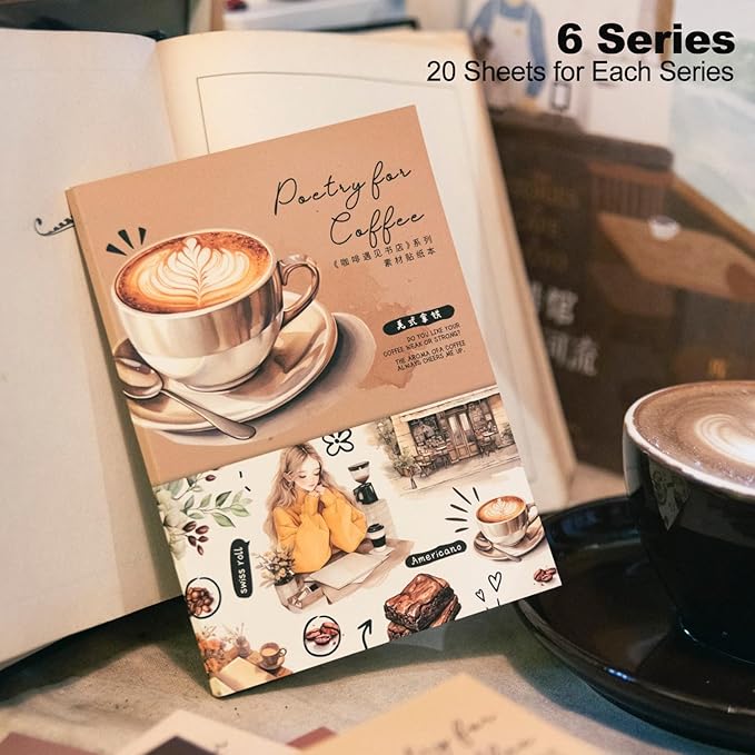 MiyouLuna 6Pcs Coffee Sticker Books, PET&Washi Stickers for Scrapbooking, DIY Crafts, Journaling Supplies & Junk Journal Ephemera