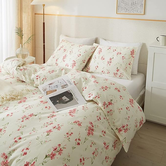Boho Floral Duvet Cover King Soft Cotton Pink Floral Bedding Set King Chic Garden Style Cute Flower Pattern Duvet Cover Vintage Floral Botanical Comforter Cover 1 King Duvet Cover with 2 Pillowcases
