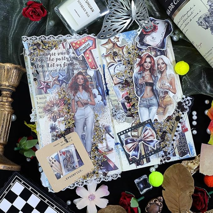 Dwpetzo Celebration Party Scene Scrapbook Sticker Book for Scrapbooking, 20 Sheets Pre-Cut PET Paper Washi Stickers for Journaling, Junk Journal Supplies, Craft Arts, Albumn, Bujo