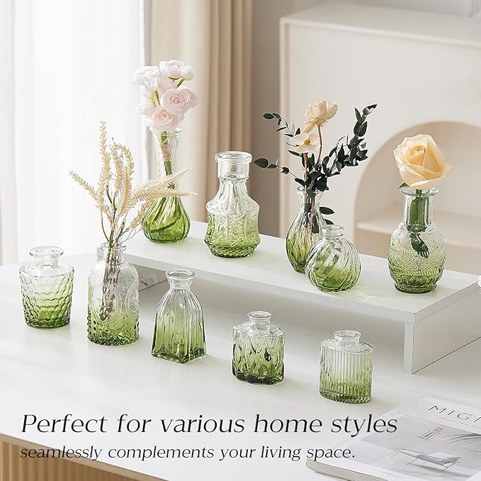 Glass Bud Vase Set of 60 - Small Vases for Flowers in Bulk - Assorted Vintage Crystal Vases for Flowers, Table Centerpieces (Green, 60 Pcs)