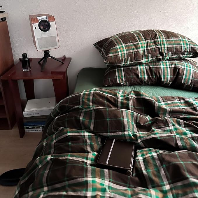 LifeTB Brown Green Plaid Comforter Set Twin XL, Modern Style 3 Pieces Grid Comforter with 2 Pillowcases, Vintage Plaid Checkered Comforter for All Seasons, Breathable Soft Fluffy Gingham Bedding Set