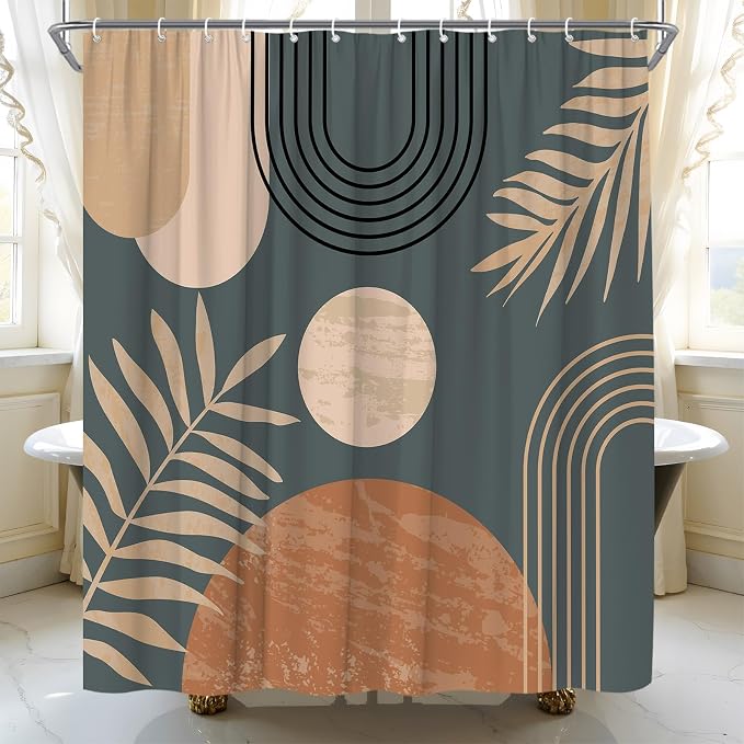 Mid Century Modern Shower Curtain Boho Grey Abstract Retro Aesthetic Fabric for Bathroom Decor Bathtub with Hooks (70" WX74.8 H)