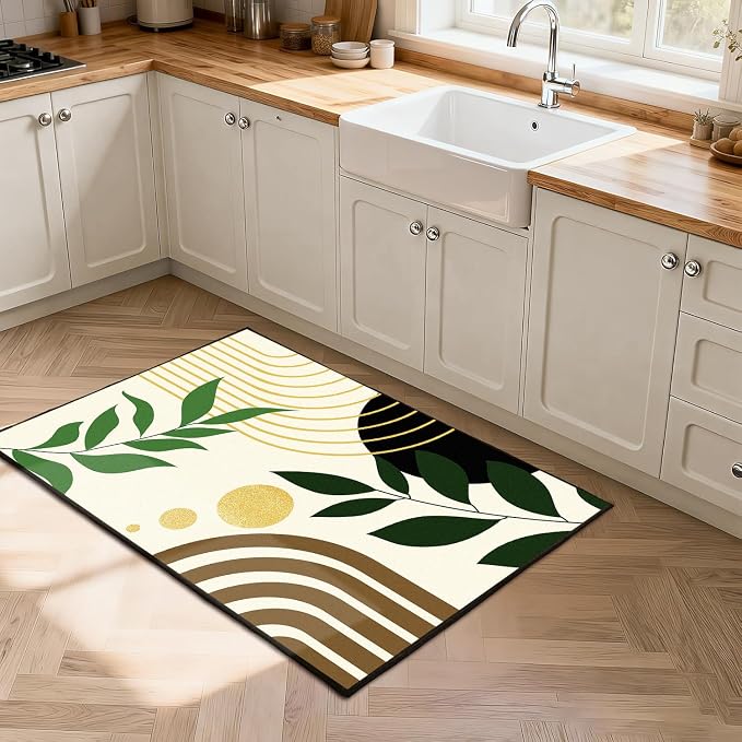 Modern Abstract Rug Geometric Area Rug Boho Green Leaf Floor Mat Soft Washable Carpet for Bedroom Living Room Kitchen Nursery Playroom Home Decor 4'x6'