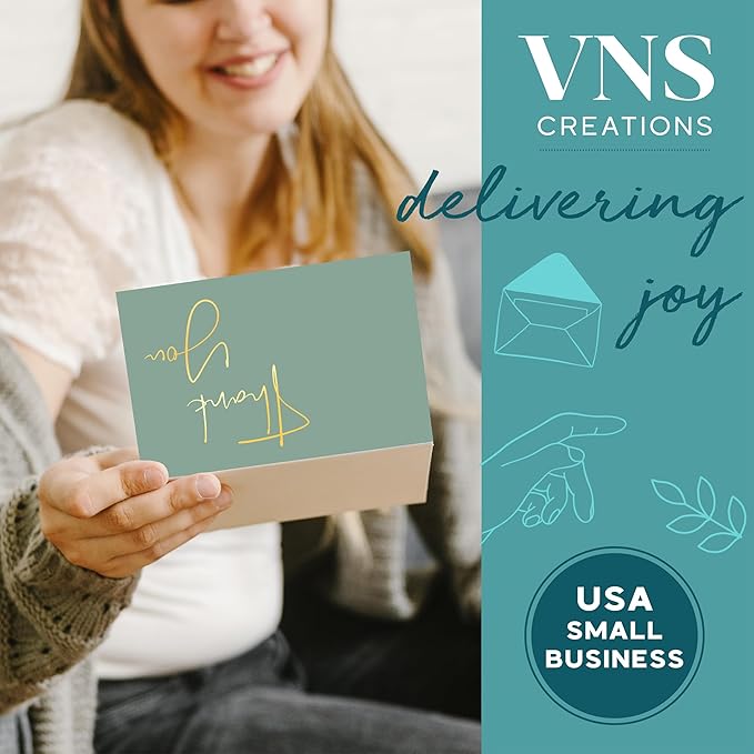 VNS Creations Gold Foil Thank You Cards With Envelopes Bulk Set & Stickers - 100 Pack 4x6 Blank Thank You Notes - Large Note Card Small Business, Wedding, Baby Shower & Bridal Shower - Granite Green
